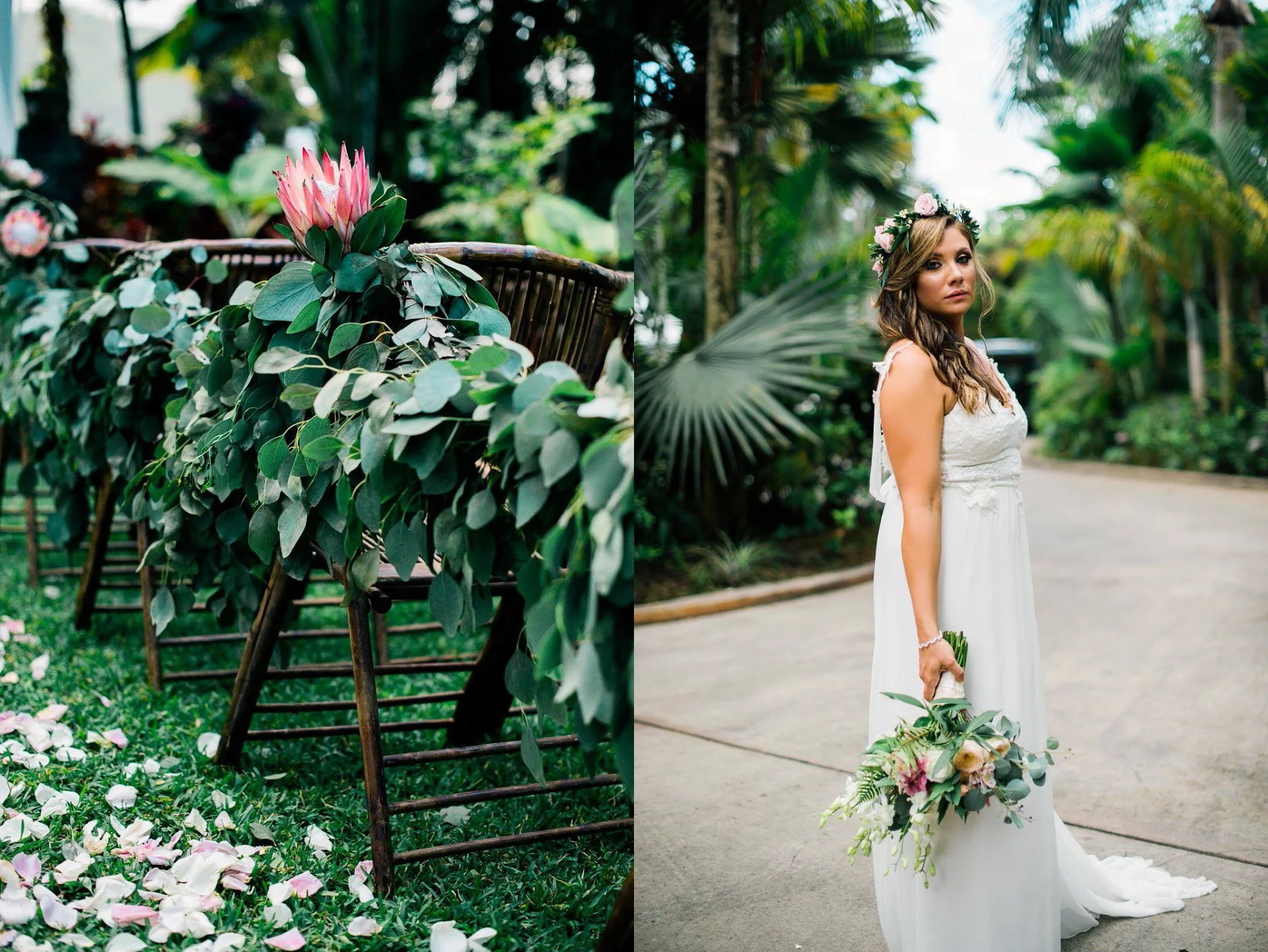 Bride holding a bouquet with pink protea and eucalyptus, standing on a path surrounded by lush greenery, Oʻahu wedding.