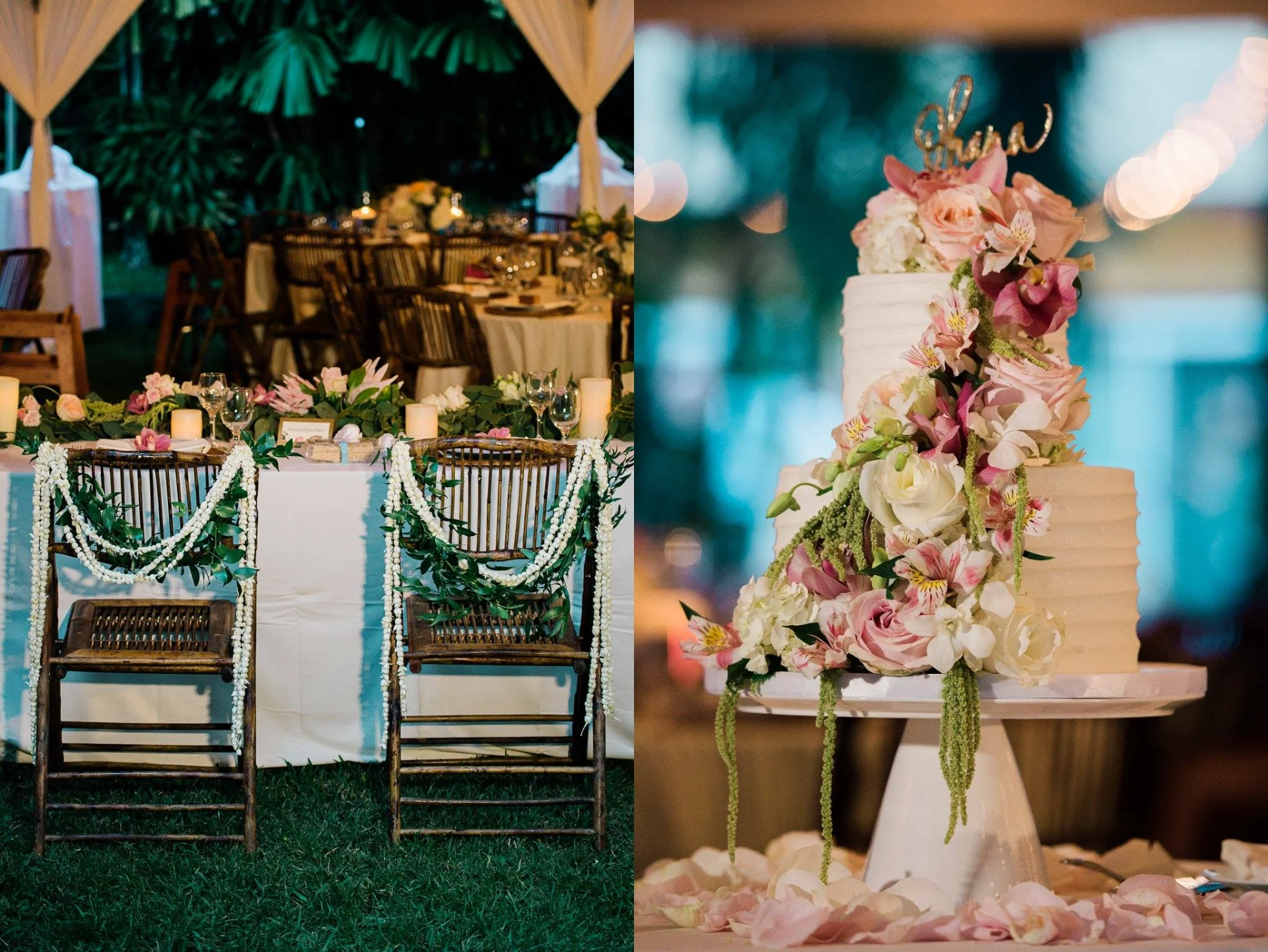 Elegant Hawaii wedding setup with floral-decorated reception chairs and a tiered cake adorned with roses and orchids.