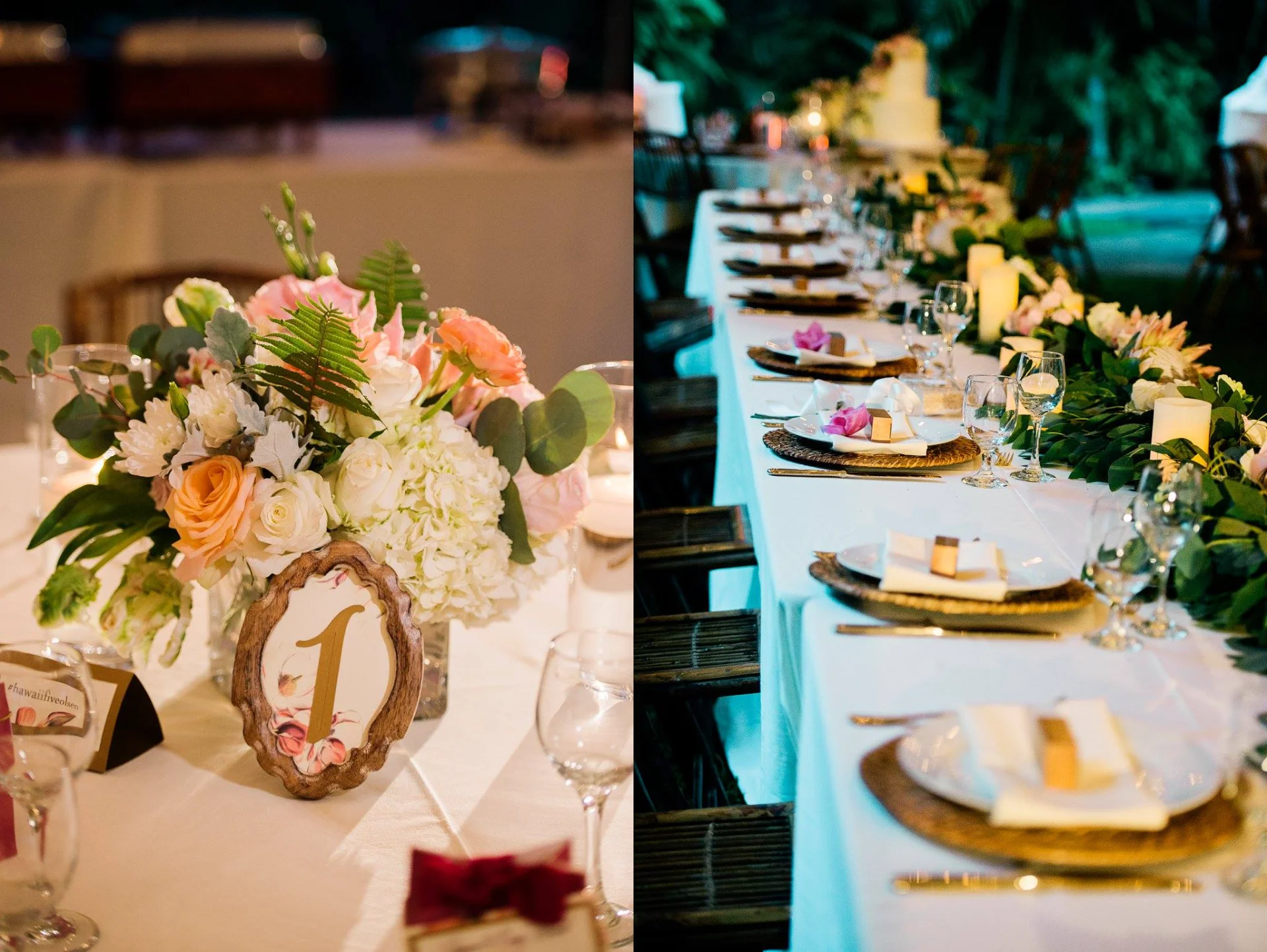 Elegant wedding tablescape on Oʻahu with a centerpiece of roses, hydrangeas, lush greenery and a long table with candles and place settings.