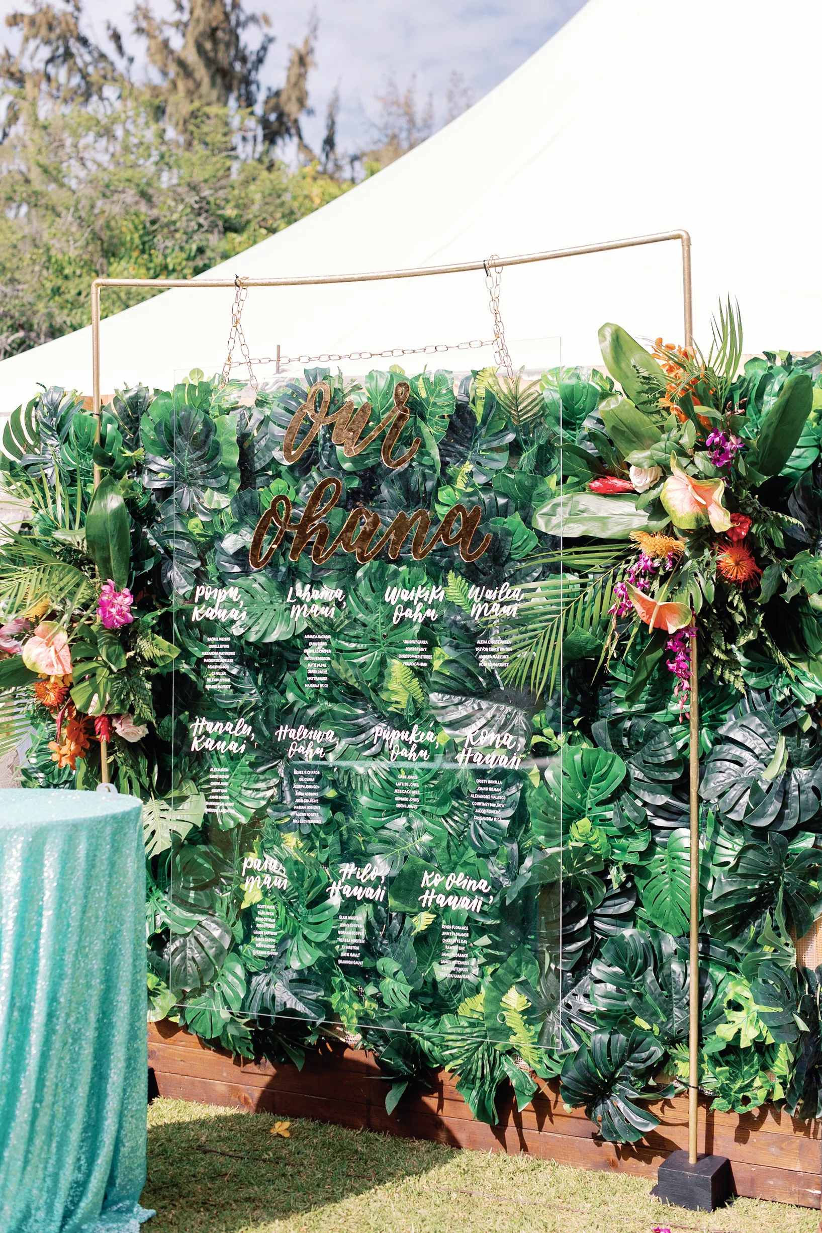 Wedding seating chart at Loulu Palms, Oʻahu with lush green tropical foliage and vibrant floral accents. — Wedding Event Oahu Hawaii Florals Flowers Florist Creative Concepts by Jeff Alencastre