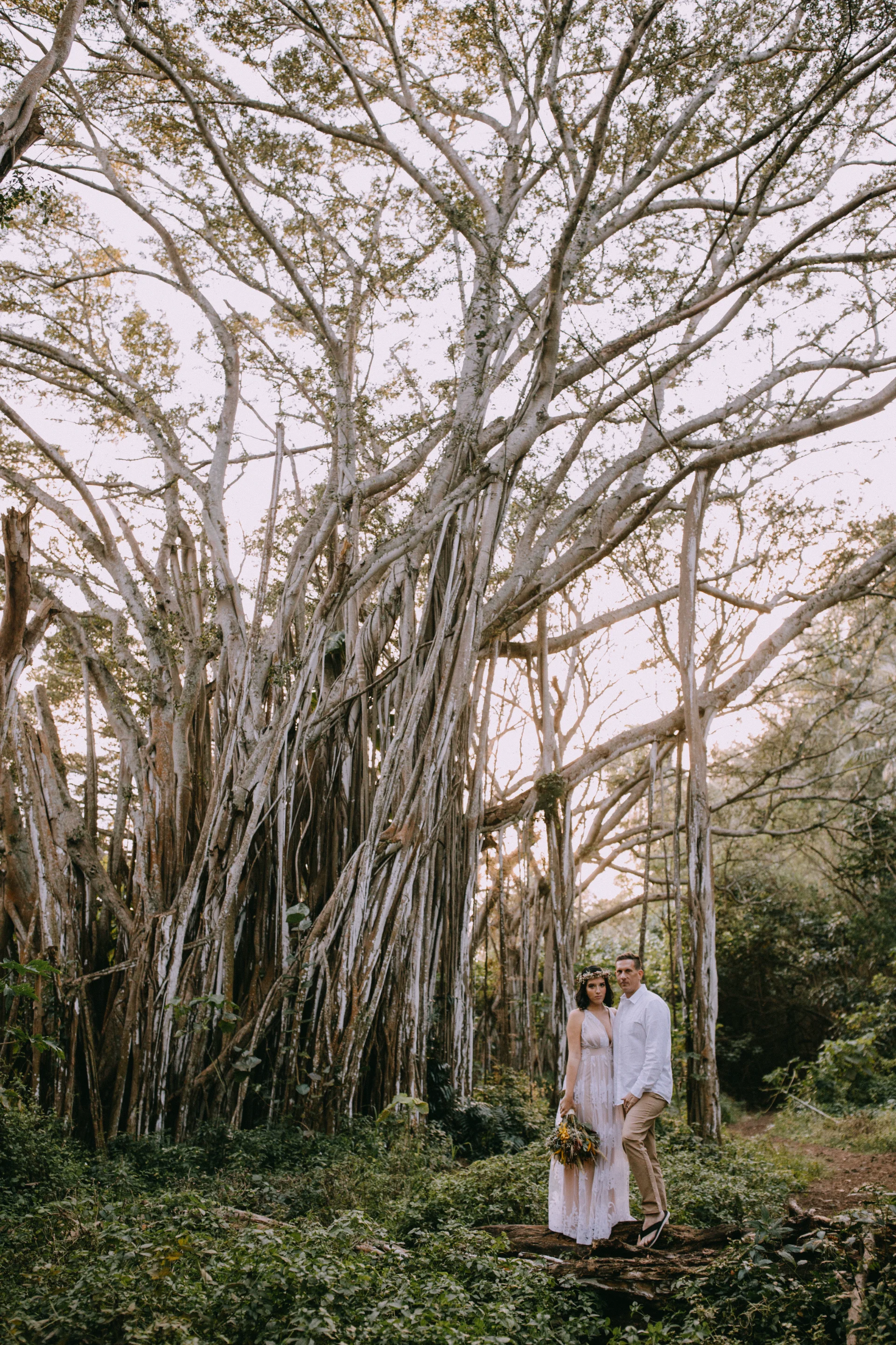 bride and groom in front of large banyan tree with lush greenery, holding a bouquet on Oʻahu